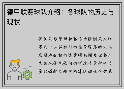德甲联赛球队介绍：各球队的历史与现状