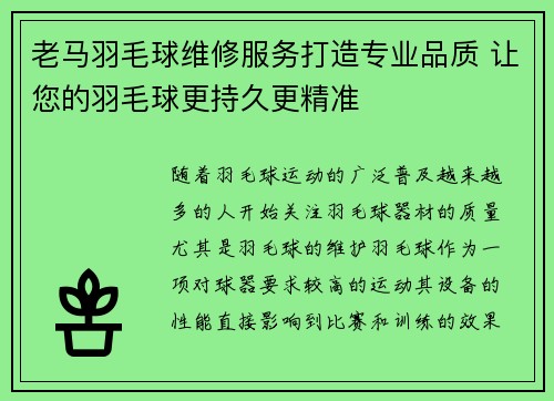 老马羽毛球维修服务打造专业品质 让您的羽毛球更持久更精准